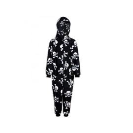 Camille Childrens Super Soft Fleece Onesie- Hooded All In One - Long Sleeved and Full Length with Elasticated Cuffs and Ankles Black & White Skull Print 9-11 Years