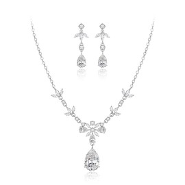 EVER FAITH Cubic Zirconia Bridal Jewelry Set for Bride Bridesmaid, Elegant Leaf Flower Teardrop Wedding Necklace Dangle Earrings for Women Clear Silver-Tone
