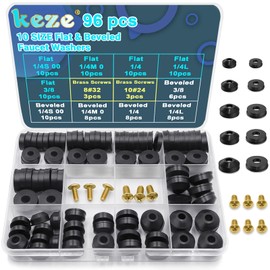 KEZE 96 PCS 10 Size Faucet Washers Assorted Kit with Brass Bibb Screws Assortment Flat and Beveled Rubber Washer for DIY Outdoor Faucets Stem Leak Worn Out Seal Repair