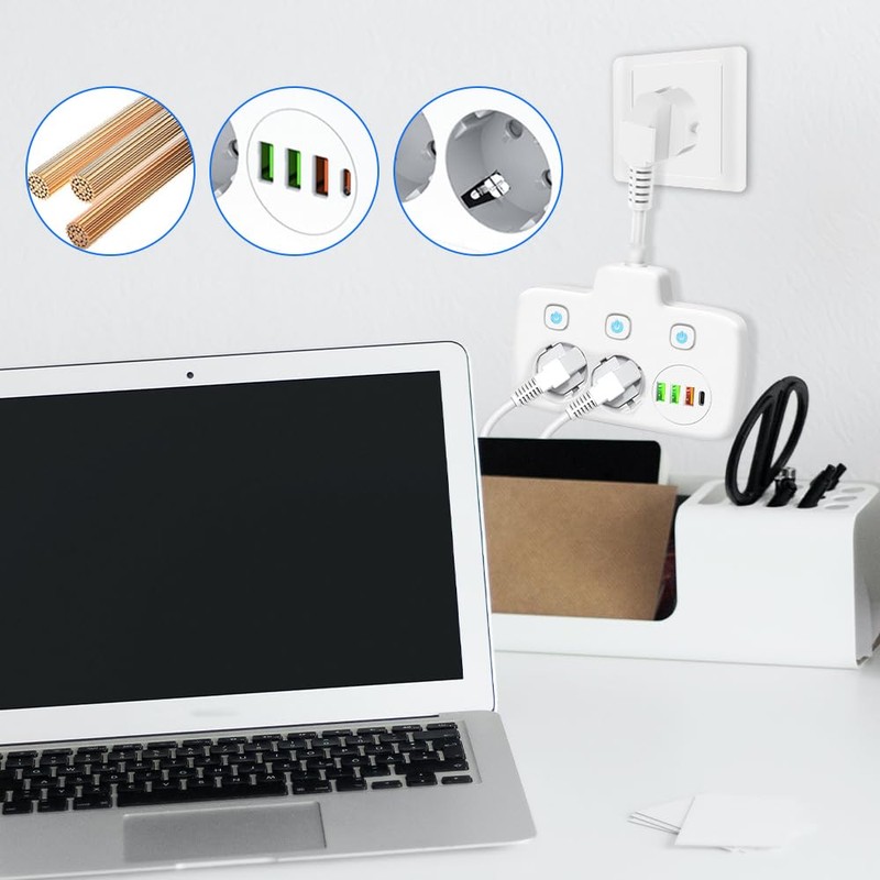 KUWUNG 6 in 1 Socket with USB, 2-Way Double Plug