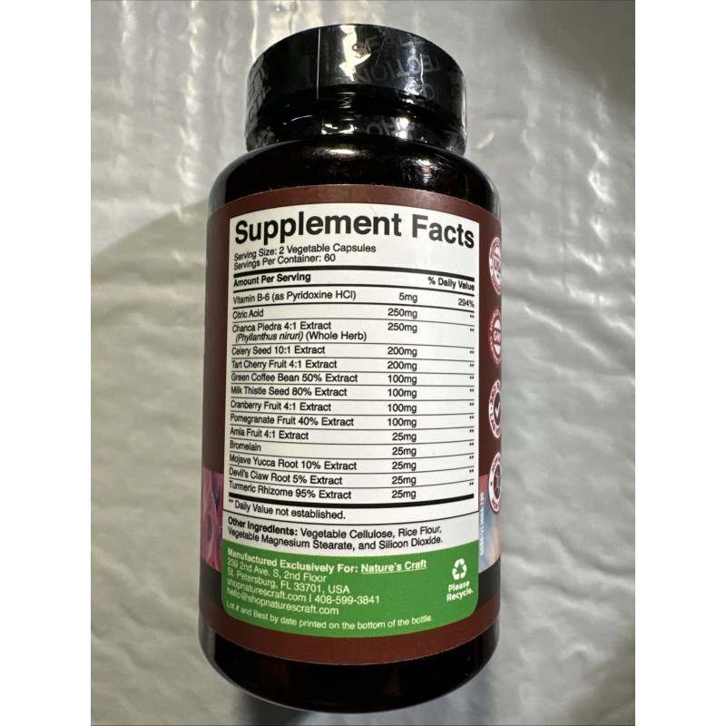 Nature’s Craft:Uric Acid Support Kidney Support.Joint Health (120 Caps) Exp:5/27