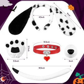 Maiteenly 5 Piezas Disfraz de Halloween Diadema con Orejas Largas de Perro Dálmata Nariz Cola Guantes con Forma de Pata Cadena de Clavícula para Mujer Cosplay de Animales Accesorios para Fiesta