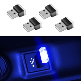 Wuyaoyao 4PCS USB LED Car Interior Atmosphere Lamp, Plug-in USB Interface Decor Lighting Kit, Portable Mini LED Ambient Night Light, Universal Car Accessories Ambient Light (Blue)