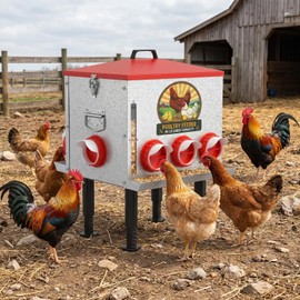 55LB Large Capacity Automatic Chicken Feeder with Window, 8 Feeding Ports Galvanized Steel No-Waste Raised Chicken Feeder with Lid & Height Adjustable Stand, Automatic Gravity Fed for Hens, Roosters