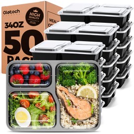 Glotoch 50 Pack 34oz Meal Prep Containers Reusable with Lids 3-Compartment Containers Microwave, Freezer, Dishwasher Safe - Leakproof Food Storage Containers Durable To Go Take Out Plastic Containers