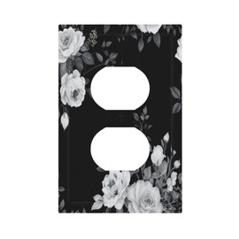 Decorative Outlet Covers White Flowers Plant Leaves On Black Background 1 Gang Duplex Light Switch Cover Plate Electrical Switch plate Covers Wall Plates Receptacle Covers for Bathroom Bedroom