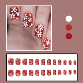 Press On Nails Christmas Snowflake Acrylic Fake Coffin Red False Gel Glue on Nails 24 Pcs Holiday Set