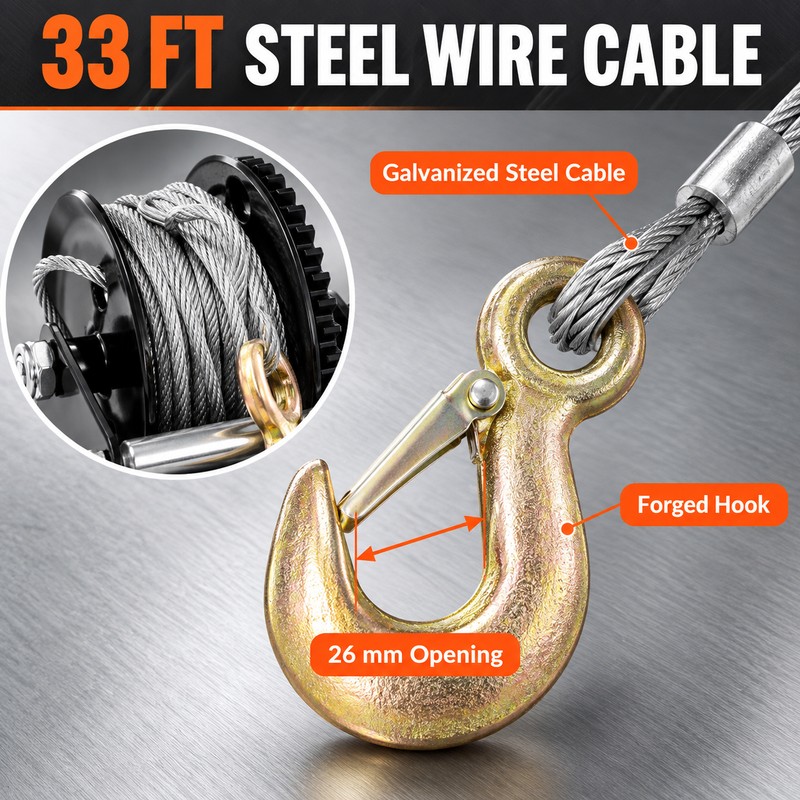 Manual Hand Crank Winch with 33 ft Steel Cable, 800/3500