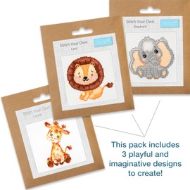 Trimits 3PK Cross Stitch Bundle – Counted Embroidery Kit, Beginner & All Level Starter Set, Complete with Instructions & Thread Children Wall Home DIY Décor – 13x13cm – Giraffe, Elephant, Lion