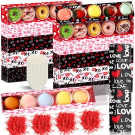 Funnymoom 24 Sets Valentine's Day Chocolate Strawberries Cookie Boxes with Clear Window 200 Pcs Paper Food Trays 8 Bags Raffia Grass Bakery Macaron Boxes Serving Trays Gifts 12 x 2.5 x 2.2 Inches