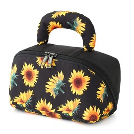 BBORGDC Large Cosmetic Bag Open Flat, Sunflower Print Boho Makeup Organizer With Handle, Original Design Travel Makeup Bag For Women Girls