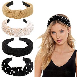WOVOWOVO Headbands for Women Girls Knotted Wide Pearl head band Top Knot Head Bands for Womenâs Hair Thick Headband Velvet HairBands 4Pcs