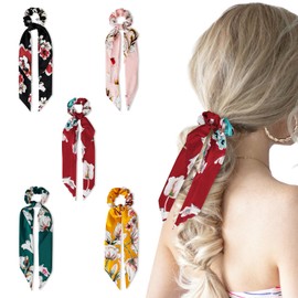 Yonchic 5-Piece Flower Printed Knotted Scarf Scrunchies for Women & Girls, Cute Floral Print Knot Elastic Ribbon Ponytail Holder Hair Ties, Bow No Damage Hair Accessories (Flower01)