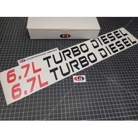6.7L Turbo Diesel Decals (2pk) XL Powerstroke Hood Fender Stickers Fits F-Series Super Duty Trucks (Gloss Black & Red, XL 2.0" x 24.0")