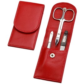 Sonnenschein by Hans Kniebes Manicure Set 3-Piece Red - Nail Care Set Stainless Steel - Nail Scissors, File & Tweezers - Genuine Nappa Lambskin Case - Travel Manicure Set Compact