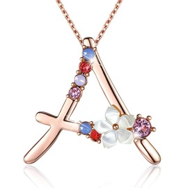 Flower Initial Letter Necklace Pink Red Blue Simulated Pearl Pendant Name Jewelry Made with Austrian Crystals Rose Gold Plated Anniversary Birthday Gifts for Women,18"+2" (A)