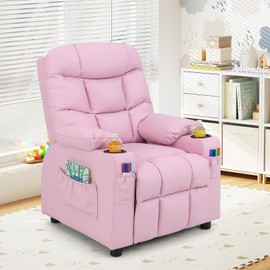 Costzon Kids Recliner Chair with Cup Holder, Adjustable Lounge Chair w/Footrest & Side Pockets for Children Boys Girls Room, Ergonomic Toddler Furniture Sofa, Kids Recliner (Pink)