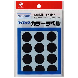 Nichiban ML-171N6 Color Label Round Seal Diameter 0.8 inch (20 mm) Black 12 Sheets (180 Pieces)
