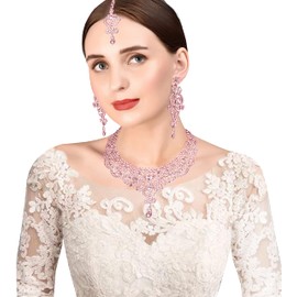 New! Touchstone Indian Bollywood Princess Diana Studded Diamond Look White Rhinestone Pink Color Faux Rose Quartz Designer Jewelry Necklace Mangtika Set In Silver Tone For Women.