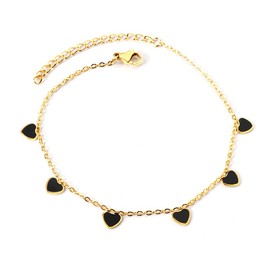 Dainty Heart Adjustable Anklet Bracelets for Women Cute Stainless Steel Gold Plated Hearted Dangle Charm Enamel Ankle Bracelet Chain Fashion Summer Foot Jewelry Valentine's Day Gift Her (Gold Tone Black Enamel)