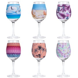 PAGOW 6pcs Wine Glass Sleeve Identifiers for Standard Size White Glass - Colorful Neoprene Insulator Protector Ornaments Supplies (4.52x3.07inch, 6 Designs)