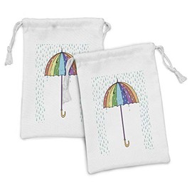 Ambesonne Rain Fabric Pouch Set of 2, Joyful Autumn Season Theme Cartoon Umbrella in Rainbow Colors Smiling During Rainfall, Small Drawstring Bag for Toiletries Masks and Favors, 9" x 6", Multicolor