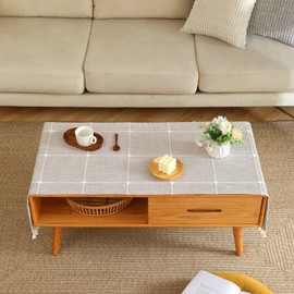 SIELUNO Coffee Table Cover, Rustic Farmhouse Rectangle Coffee Table Cloth Cotton Linen Waterproof with Pockets and Tassel for Living Room Decoration - Large Plaids - 28x64 Inch