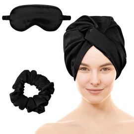 Amgkonp Adjustable Silk Satin Hair Bonnet for Sleeping, Double Layer Hair Wrap Sleep Cap Turban with Hair Scrunchies and Silk Eye Mask,Night Turban for Large Long Curly Braid Women (Black)