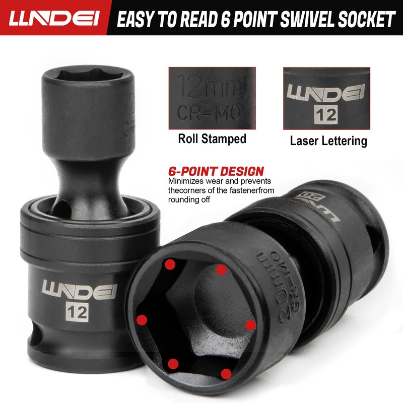 LLNDEI 3/8" Drive Universal Impact Socket Set, 19 Pieces CR-MO