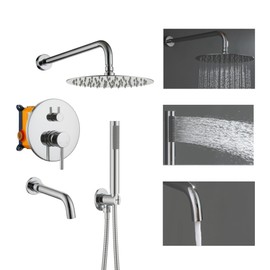 Clihome 10in Shower System Set with Tub Spout Rainfall Shower Head System with Handheld Shower Head, Square Fixed Shower Head, Rough-in Valve Body, Trim Kit, Chrome