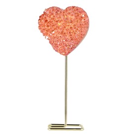Amogeeli Heart Shaped Titanium Coated Rock Crystal Cluster with Stainless Steel Metal Stand, Love Heart Crystal Stone Specimen Decoration for Home & Office, Orange