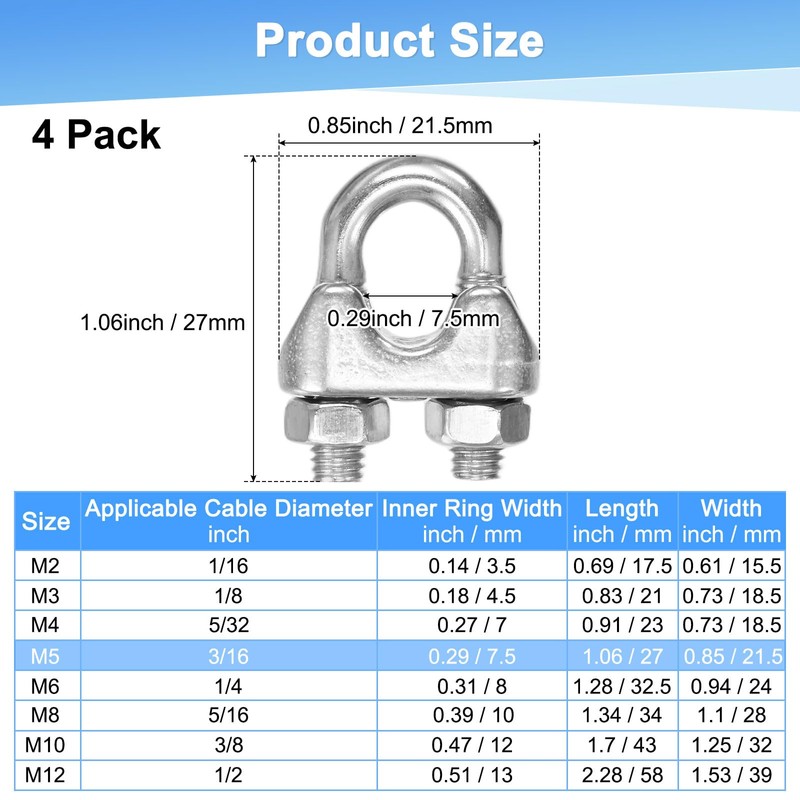 M METERXITY 4-Pack Cable Clamps, M5 Stainless Steel 5mm Wire