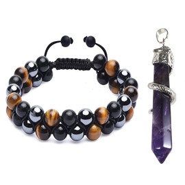 Soulnioi Copper Snake Wrapped Natural Amethyst Gemstone Energy Healing Crystal Hexagonal Pendant and 8mm Tiger Eye Obsidian Braided Adjustable Bracelet for Protection Reiki Healing