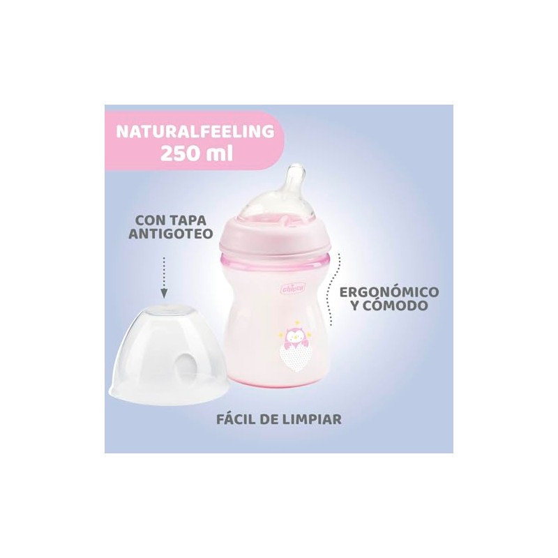 CHICCO, Biberón Natural Feeling, Color Rosa, 250 ml