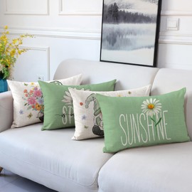 Miuyunya 12 x 20 Outdoor Green Throw Pillow Covers 18x18 Set of 4 Spring Summer Decorative Cushion Cases Garden Flowers Farmhouse Home Décor Decorations for Patio Couch Sofa (Daisy Floral Gnomes)