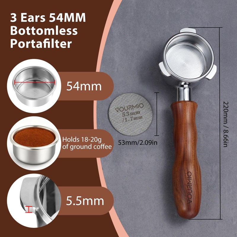 VOURMIO 54mm Bottomless Portafilter - Breville Compatible Naked Portafilter, Rosewood