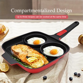 Bobikuke Fried Egg Pan, 3 Section Egg Skillet with Detachable Handle- Red