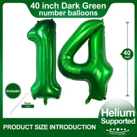 Number 14 Dark Green Balloons 40 Inch Giant Green 14 Numer Foil Helium Balloons for 14th Green Birthday Party Supplies 41st Anniversary Events Decorations