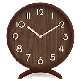 Maxspace Table Clock,Silent Non-Ticking Wooden Desktop Clock,Battery Operated Decorative Desk Clock for Living Room Office Bedroom Decor (Dark Brown-Half-Moon)