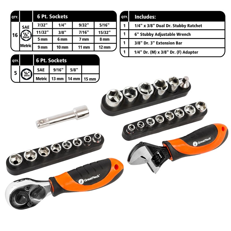 GreatNeck 48-Piece Multi Drive Stubby Mechanics Tool Set, Metric and