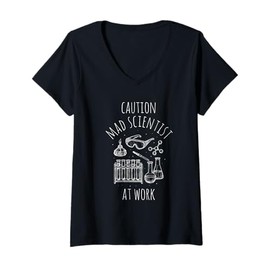 Womens CAUTION Mad Scientist AT WORK Mad Scientist Costume V-Neck T-Shirt