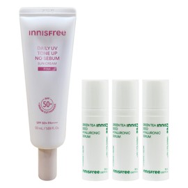 Innisfree Daily UV Tone Up No-Sebum Sun Cream 50ml (Pink) + Hyaluronic Acid Serum 15mlx3 / 이니스프리 데일리 유브이 톤업 노세범 선크림 50ml (핑크)+히알루론산 세럼 15mlx3개