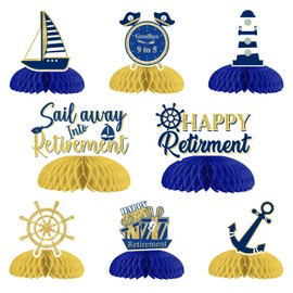 8 Pcs Nautical Retirement Party Decorations Sailing Into Retirement Table Honeycomb Centerpieces Nautical Themed Retirement Adventure Awaits Sign for Sailor Men Retirement Party Supplies