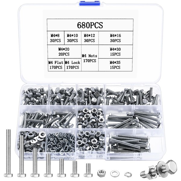 680 Piece M4 Screws Set, Hex Screws Nuts Set, Threaded