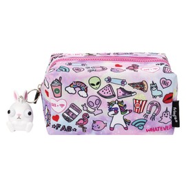 Fringoo® Large Square Pencil Case for Kids Stationery Pouch with Eye Popper Zip Puller (Teen Doodles)
