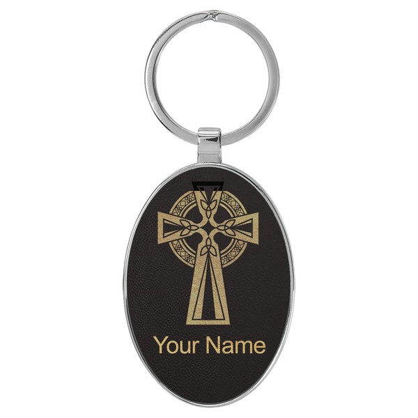 LaserGram Oval Keychain, Celtic Cross, Personalized Engraving Included (Metal Frame,