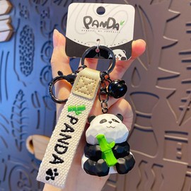 JINZHOUFZ Men Women Creative Super Cute Funny Wood Carving Style Happy Chinese lucky Panda Keychain Keyrings Pendant (hug bamboo)