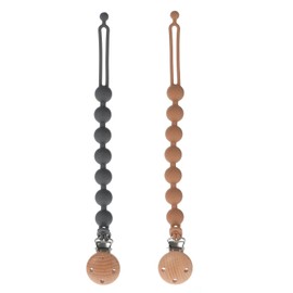 Dirbabi Silicone Pacifier Clips for Baby, 2-in-1 One Piece Design Pacifier Holder & Teething Ring Toy, BPA Free, 2 Pack (Clay+Dark Grey)