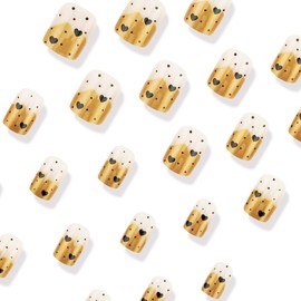 24Pcs Valentines Nails Press on Nails Short Square Nails Gold French Tips Fake Nails with Nail Glue Black Heart Acrylic Nails Design French Tip False Nails Valentines Stick on Nails for Women