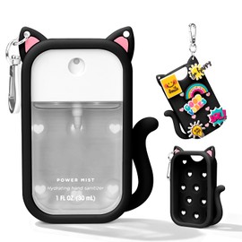 Kivzex Cat Silicone Case for Touchland Hand Sanitizer Spray with Keychain, Compatible with Power Mist & Glow Mist 1 FL Oz/30ML for Touchland Case, with Charms Accessory Cute Travel Cover Sleeve Black